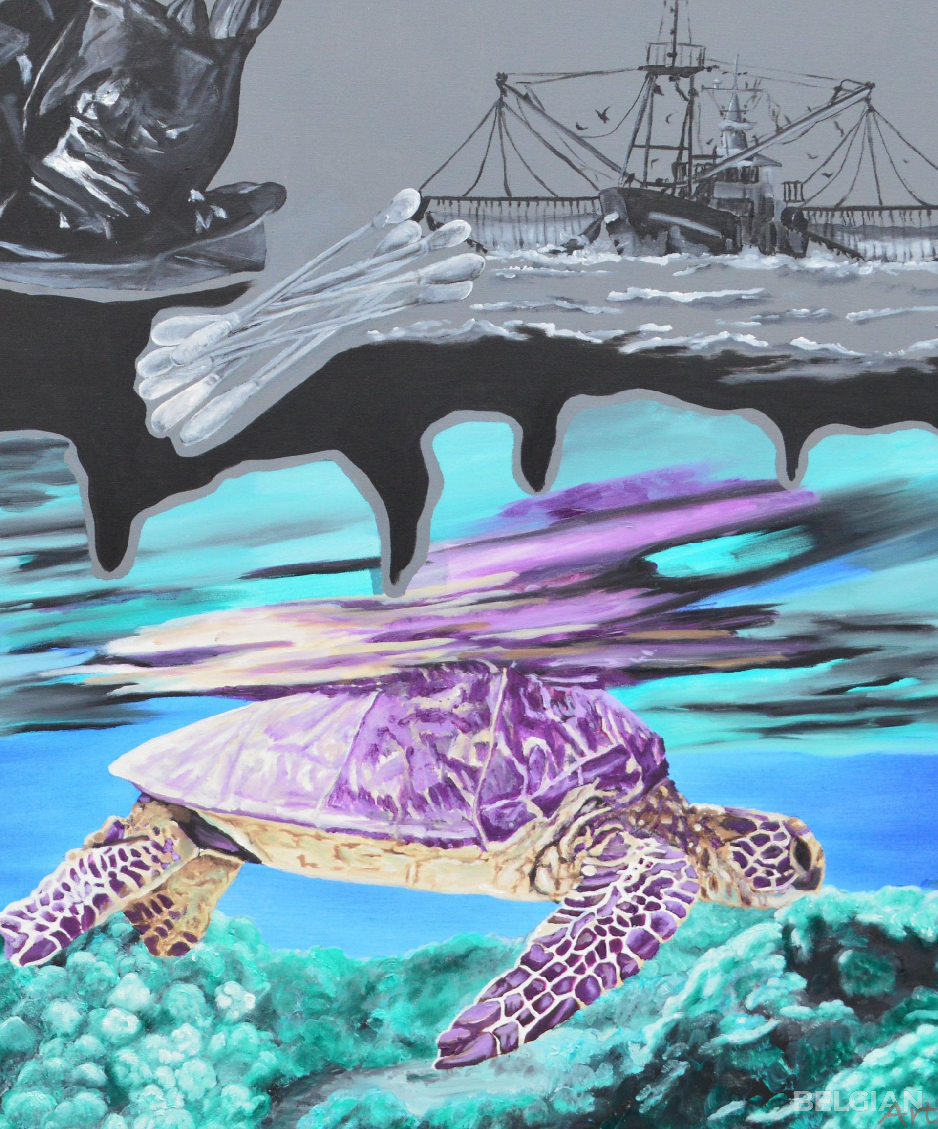 Marine turtle against single-use plastic