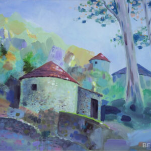 Huts and eucalyptus trees