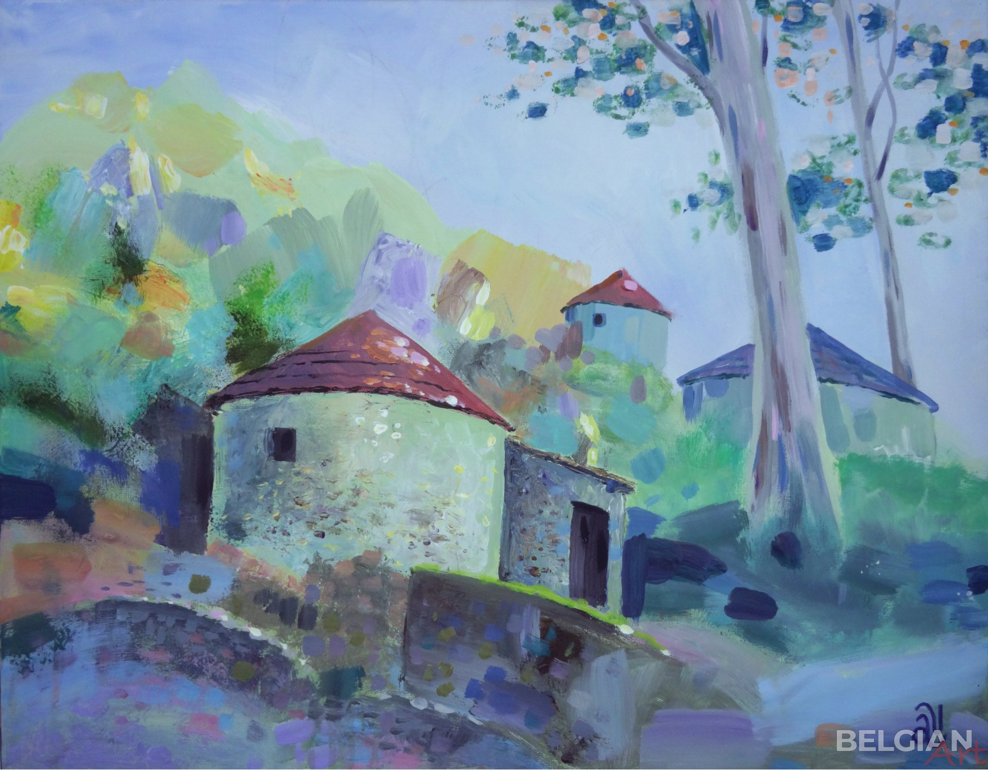 Huts and eucalyptus trees